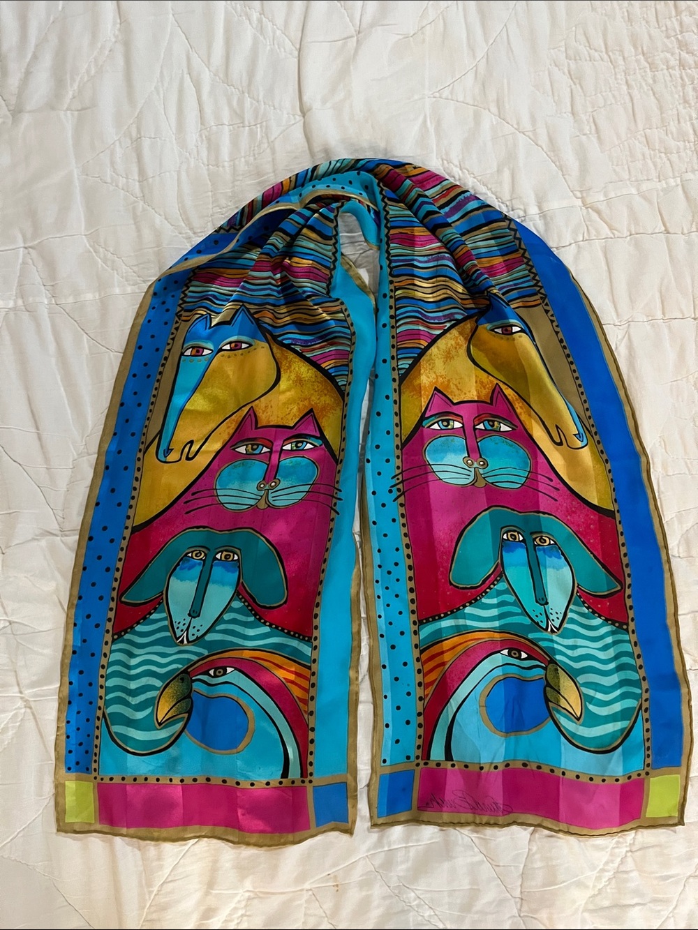 Laurel Burch vintage colorful animal scarf with horse, dog, car and birds.